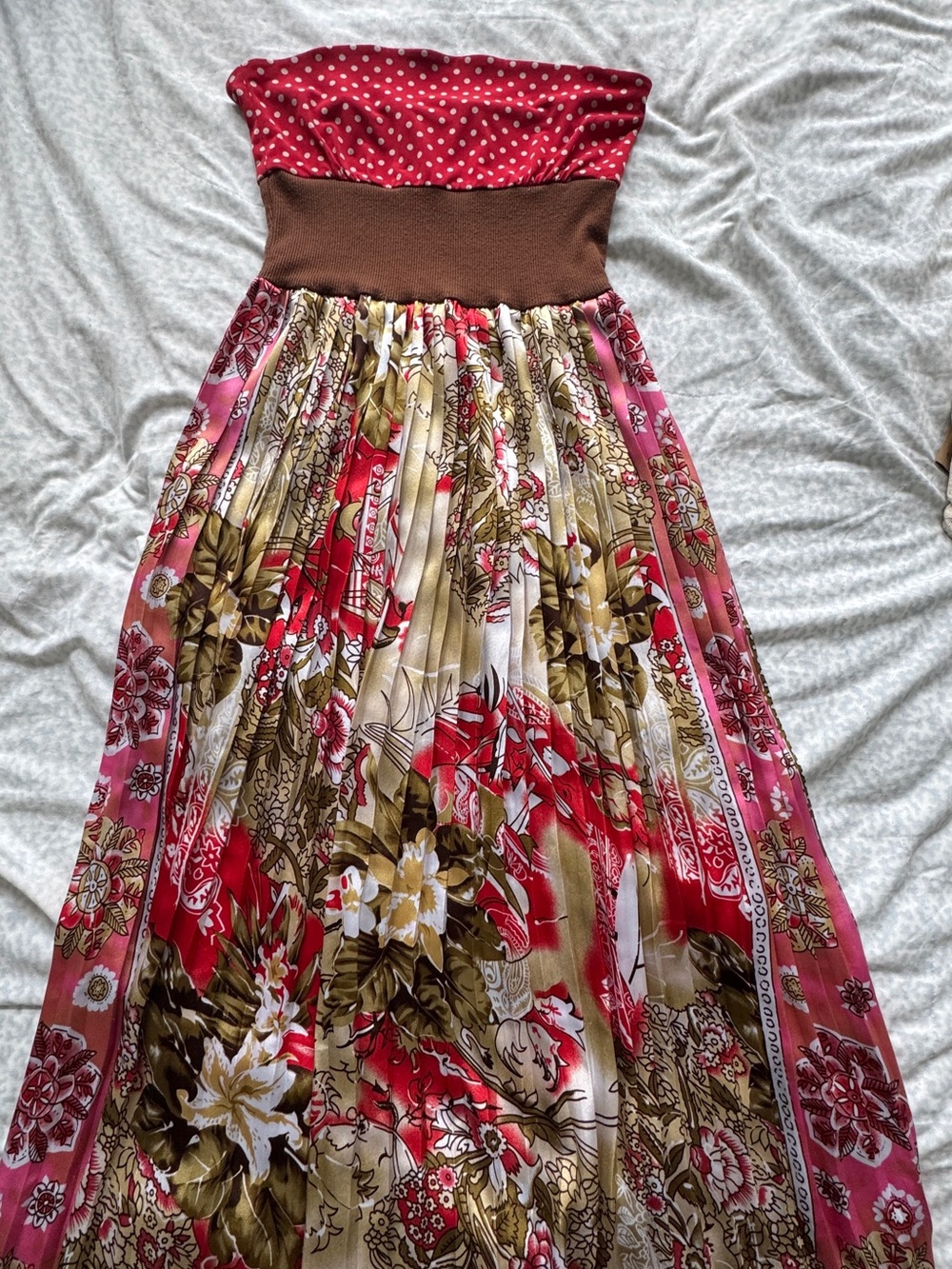 GUESS Strapless Floral Maxi Dress in Red, Brown and Cream